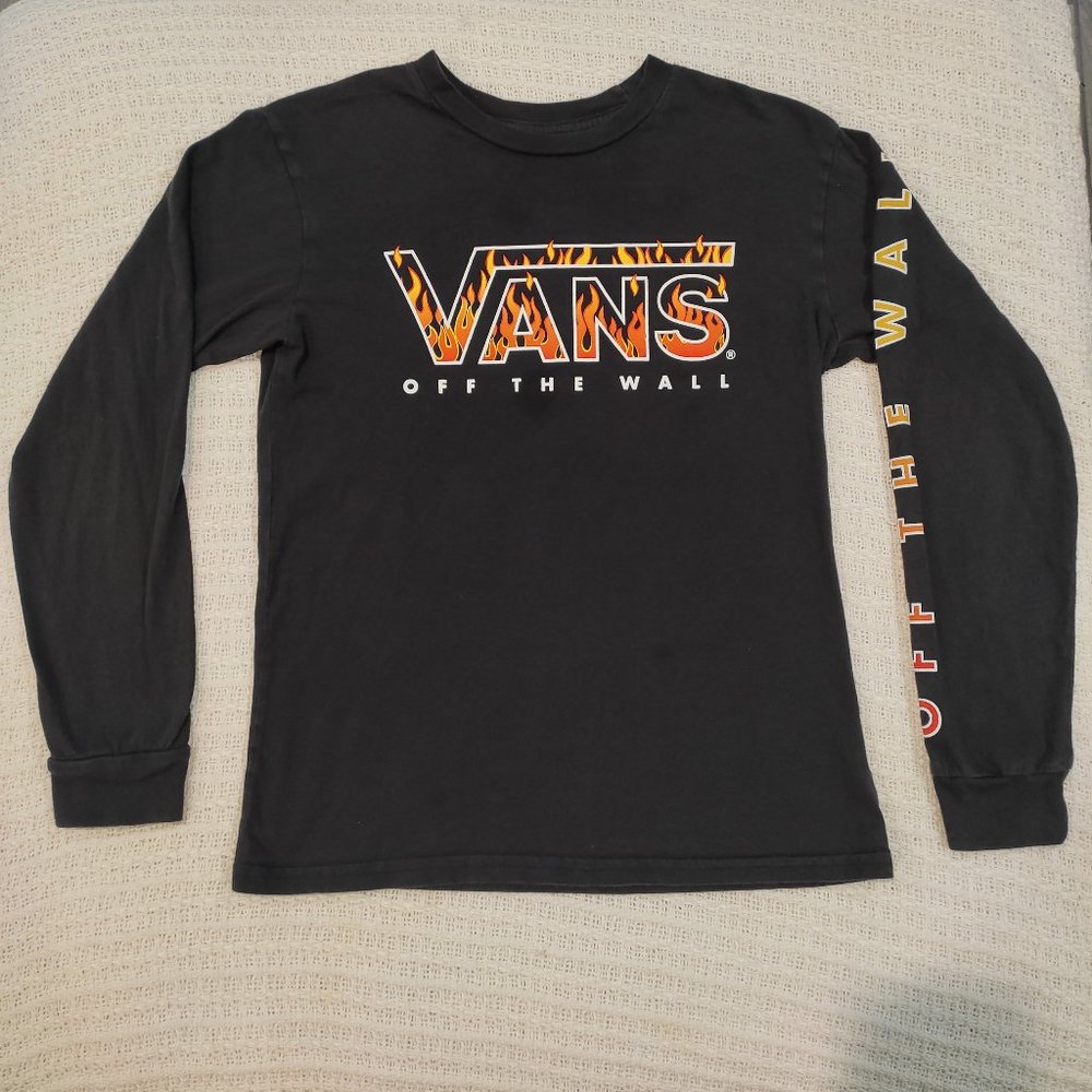 Vans Off The Wall Graphic Logo Crew Neck Black Long Sleeve T-Shirt Youth Medium